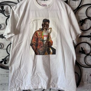 Supreme White Tee with Pharos Sanders Colorful Saxophonist Graphic Sz L